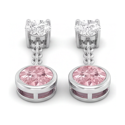 Pink Diamond Drop Earrings 2.5 Carat Lab Grown Oval Bezel Long Dangle 14K White Gold