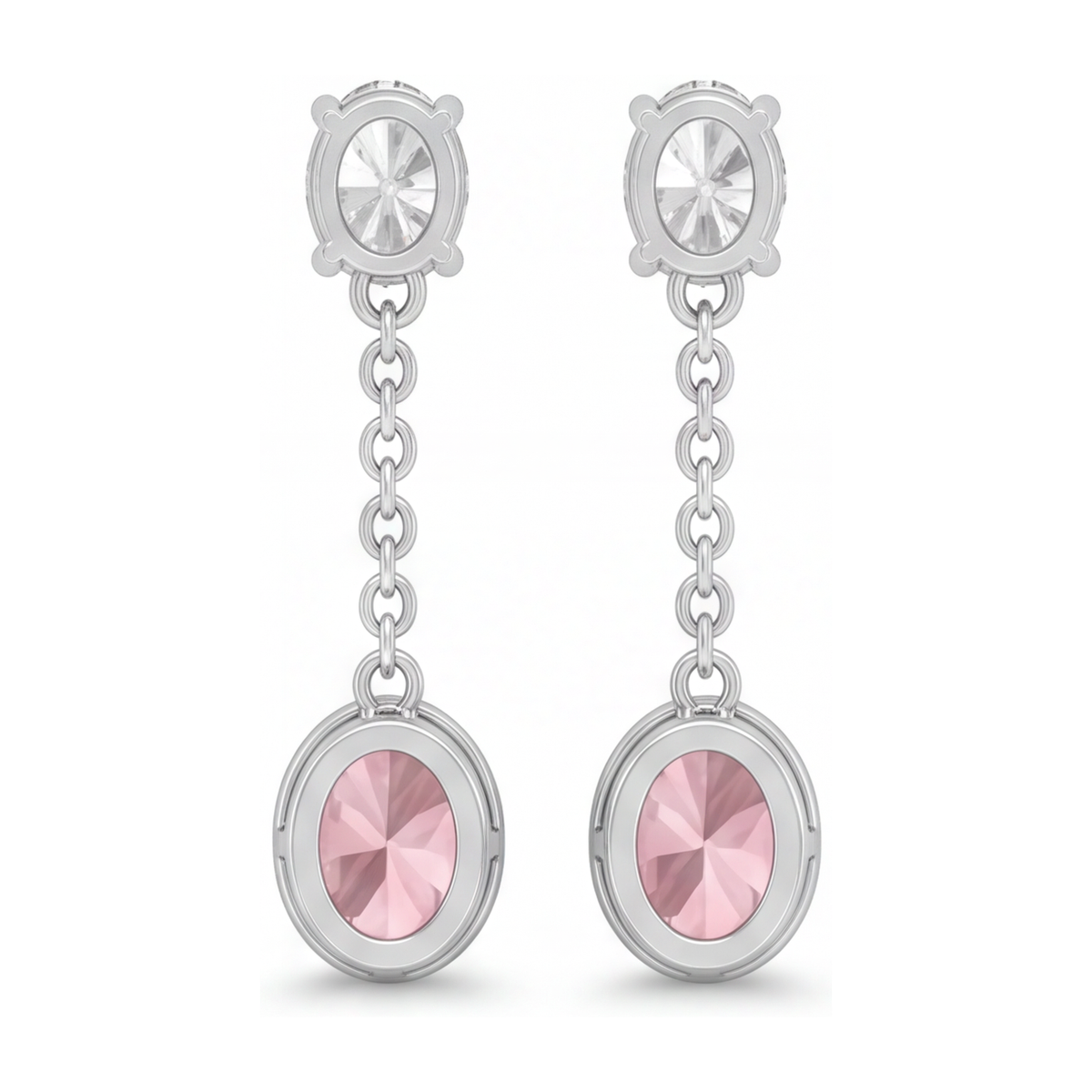 Pink Diamond Drop Earrings 2.5 Carat Lab Grown Oval Bezel Long Dangle 14K White Gold