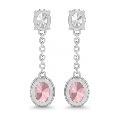 Pink Diamond Drop Earrings 2.5 Carat Lab Grown Oval Bezel Long Dangle 14K White Gold
