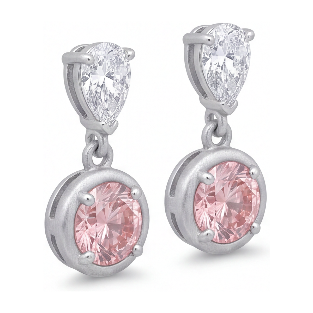 Pink Diamond Drop Earrings 3 Carat Lab Grown Round Bezel Pear Tops 14K White Gold