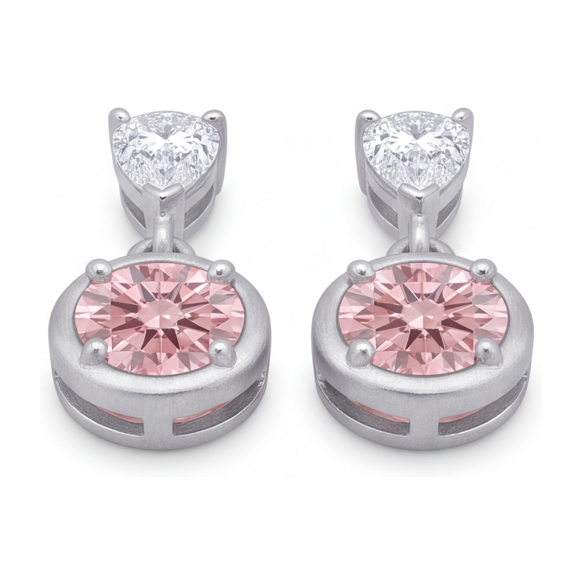 Pink Diamond Drop Earrings 3 Carat Lab Grown Round Bezel Pear Tops 14K White Gold