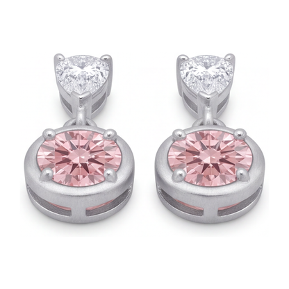 Pink Diamond Drop Earrings 3 Carat Lab Grown Round Bezel Pear Tops 14K White Gold