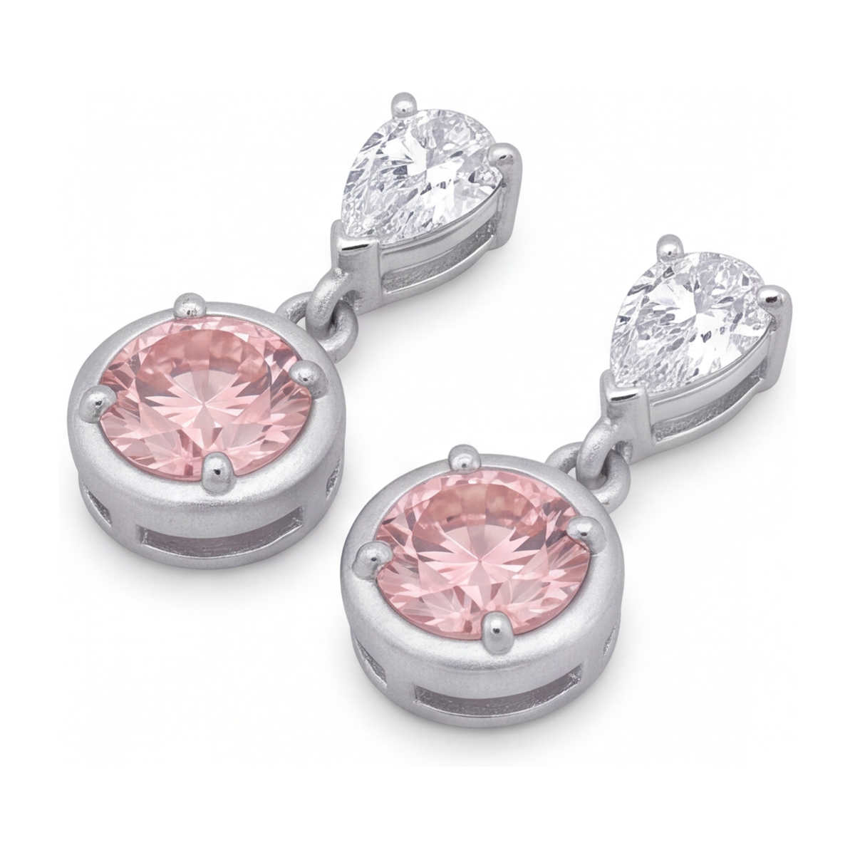 Pink Diamond Drop Earrings 3 Carat Lab Grown Round Bezel Pear Tops 14K White Gold