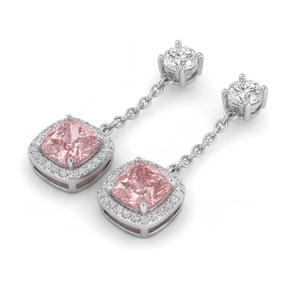 Pink Diamond Drop Earrings 3 Carat Lab Grown Cushion Halo Dangle 14K White Gold