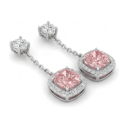 Pink Diamond Drop Earrings 3 Carat Lab Grown Cushion Halo Dangle 14K White Gold