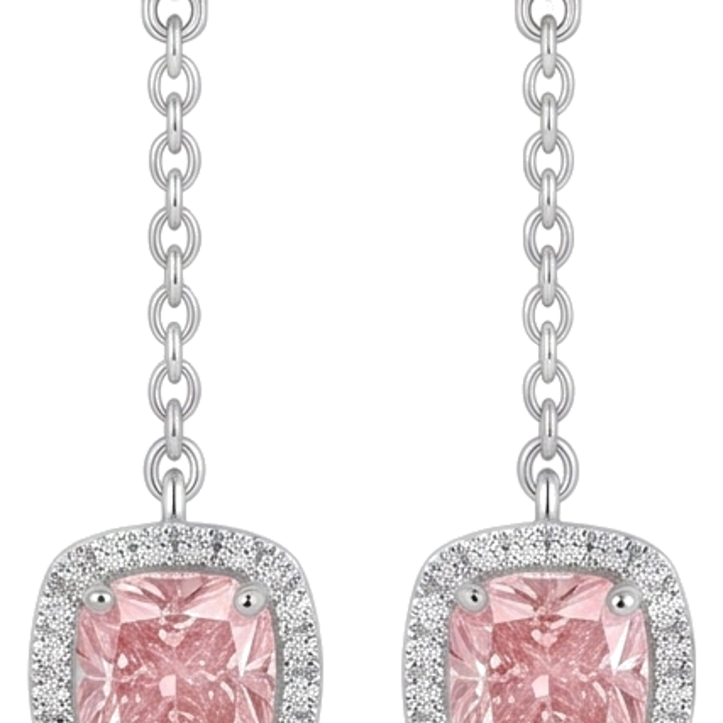 Pink Diamond Drop Earrings 3 Carat Lab Grown Cushion Halo Dangle 14K White Gold