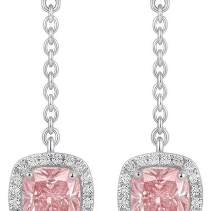 Pink Diamond Drop Earrings 3 Carat Lab Grown Cushion Halo Dangle 14K White Gold