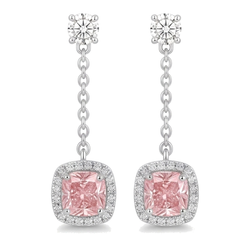 Pink Diamond Drop Earrings 3 Carat Lab Grown Cushion Halo Dangle 14K White Gold
