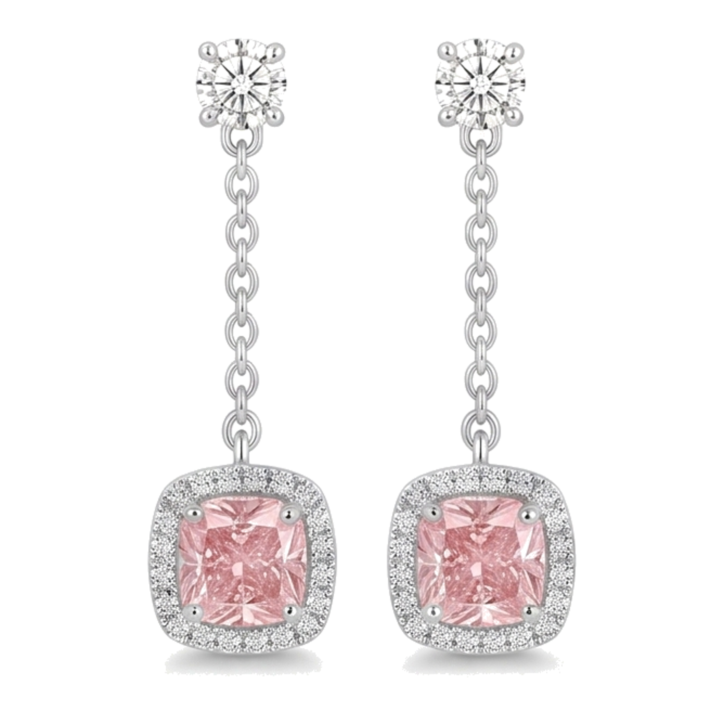 Pink Diamond Drop Earrings 3 Carat Lab Grown Cushion Halo Dangle 14K White Gold