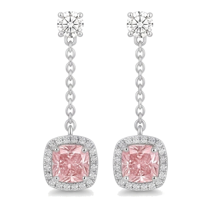 Pink Diamond Drop Earrings 3 Carat Lab Grown Cushion Halo Dangle 14K White Gold