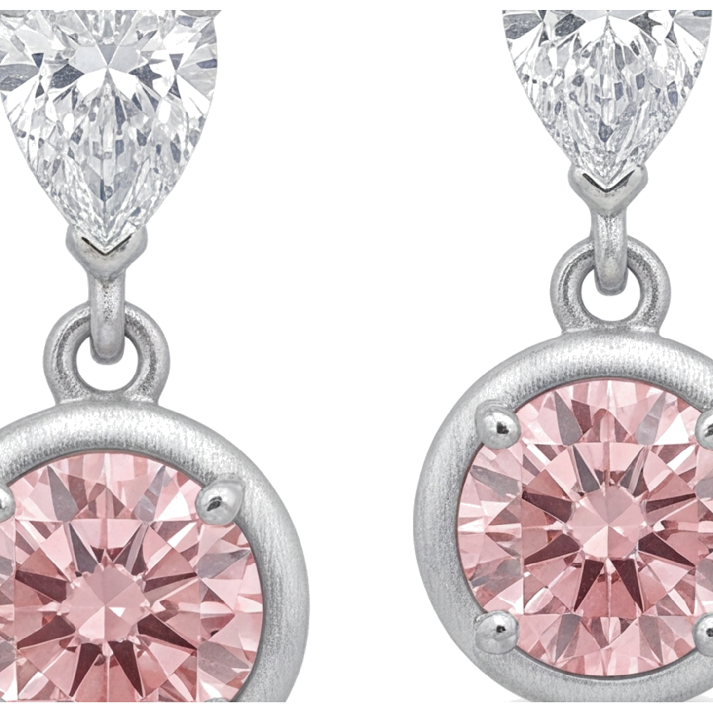 Pink Diamond Drop Earrings 3 Carat Lab Grown Round Bezel Pear Tops 14K White Gold