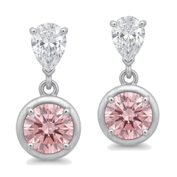 Pink Diamond Drop Earrings 3 Carat Lab Grown Round Bezel Pear Tops 14K White Gold