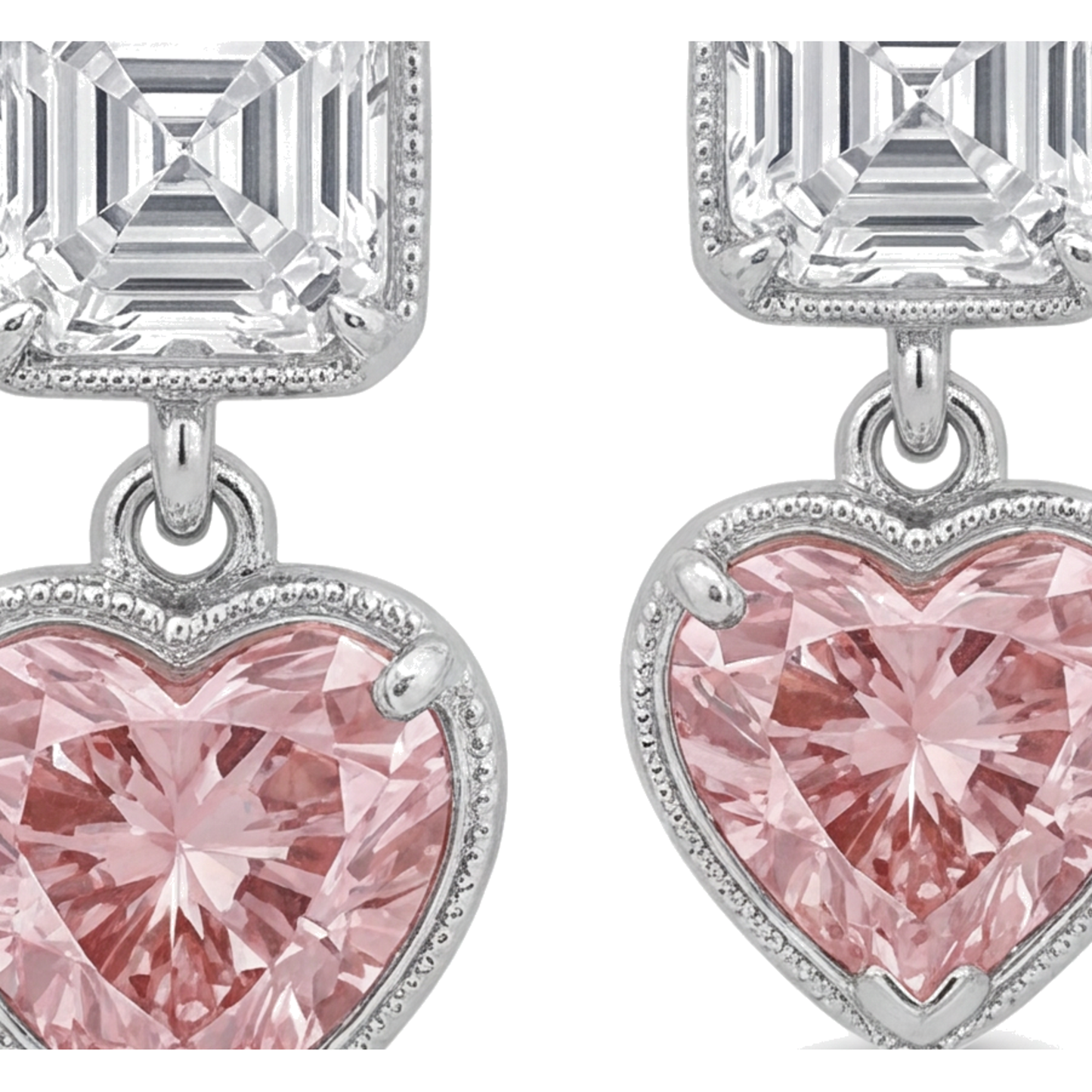Pink Diamond Drop Earrings 4.5 Carat Lab Grown Heart Milgrain Asscher Tops 14K White Gold