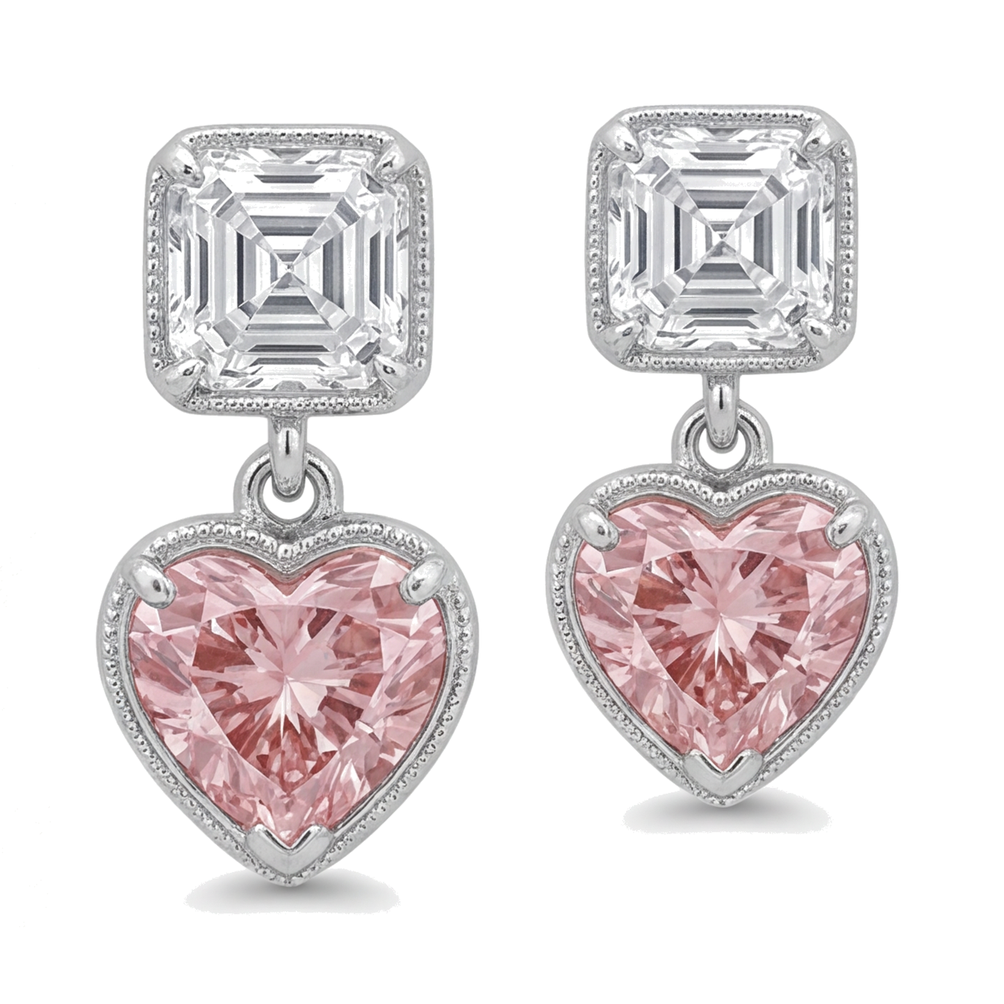 Pink Diamond Drop Earrings 4.5 Carat Lab Grown Heart Milgrain Asscher Tops 14K White Gold