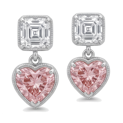 Pink Diamond Drop Earrings 4.5 Carat Lab Grown Heart Milgrain Asscher Tops 14K White Gold