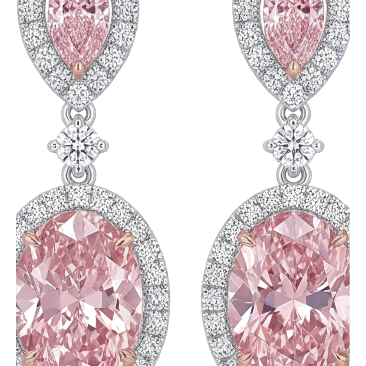 Pink Diamond Drop Earrings 4.5 Carat Lab Grown Oval Halo Pear Tops 14K White Gold