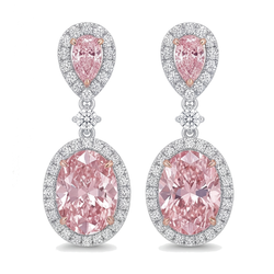 Pink Diamond Drop Earrings 4.5 Carat Lab Grown Oval Halo Pear Tops 14K White Gold