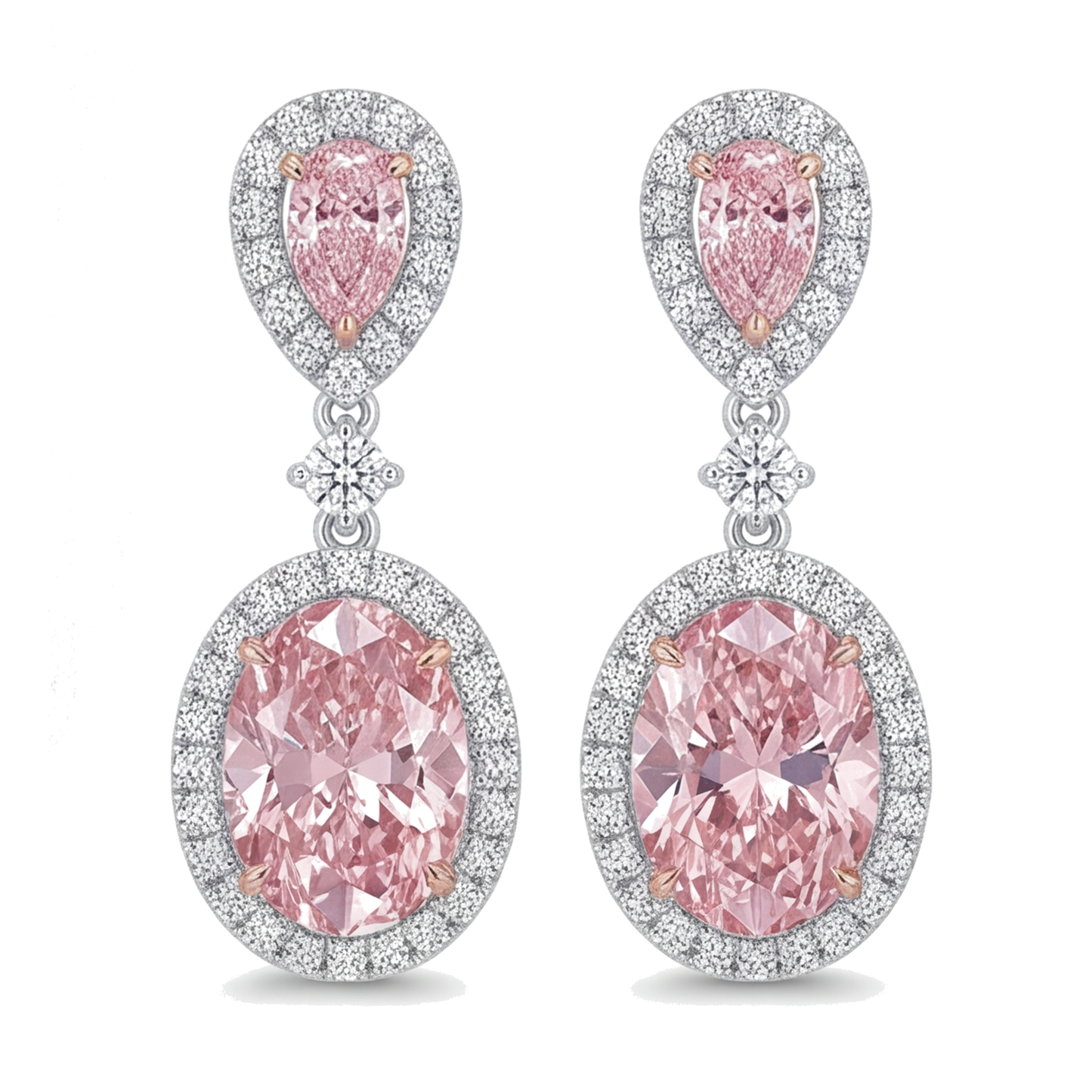 Pink Diamond Drop Earrings 4.5 Carat Lab Grown Oval Halo Pear Tops 14K White Gold