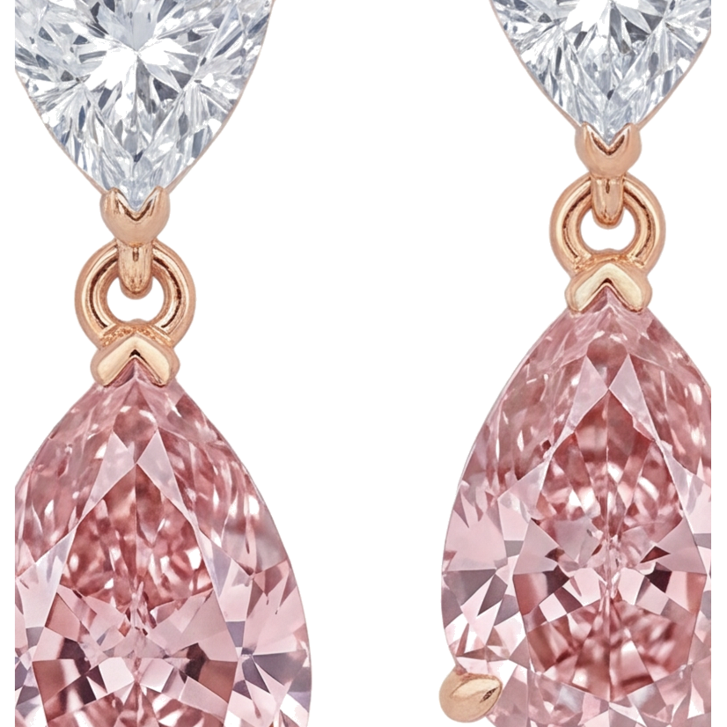 Pink Diamond Drop Earrings 4.5 Carat Lab Grown Pear Trilliant Tops 14K Rose White Gold Two Tone