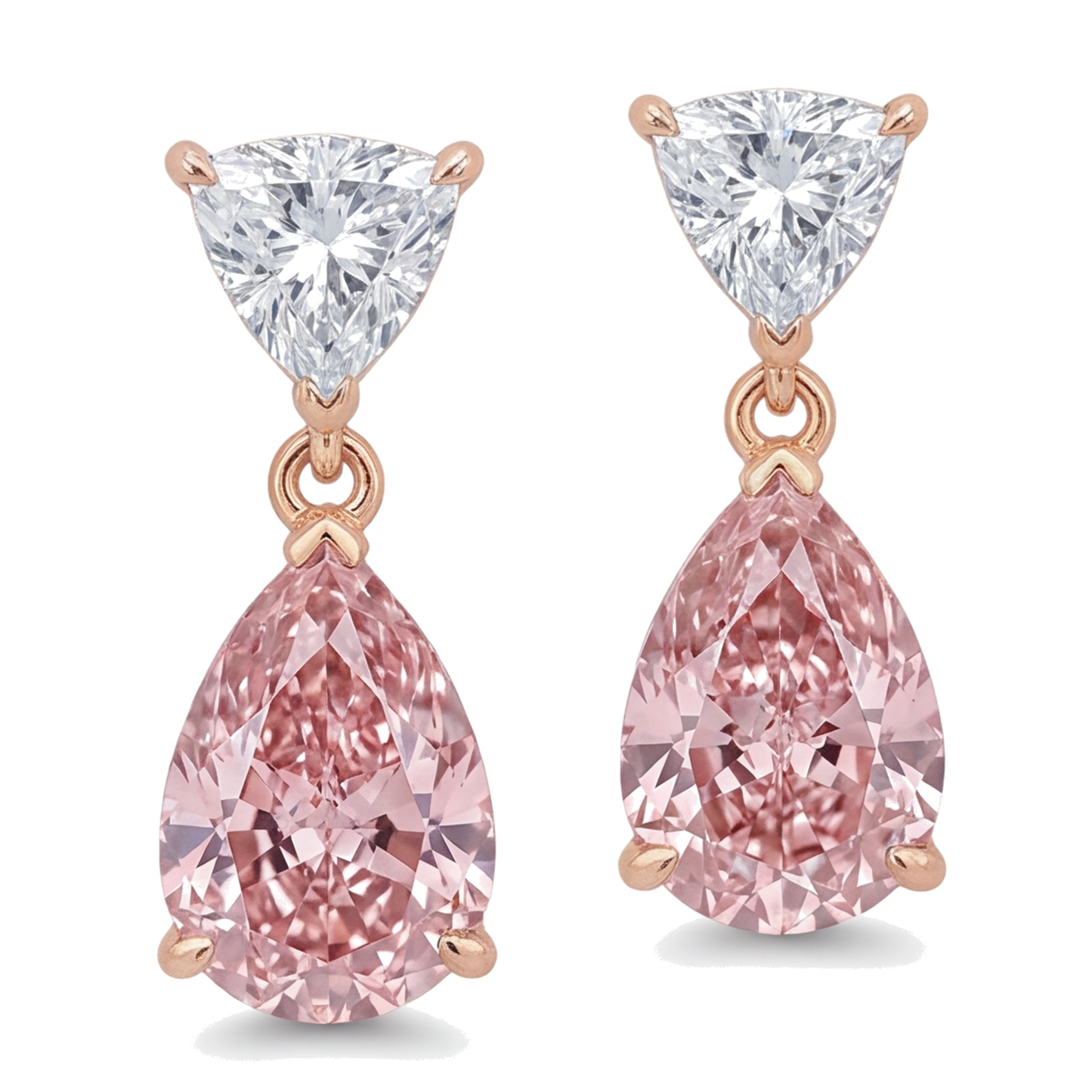Pink Diamond Drop Earrings 4.5 Carat Lab Grown Pear Trilliant Tops 14K Rose White Gold Two Tone
