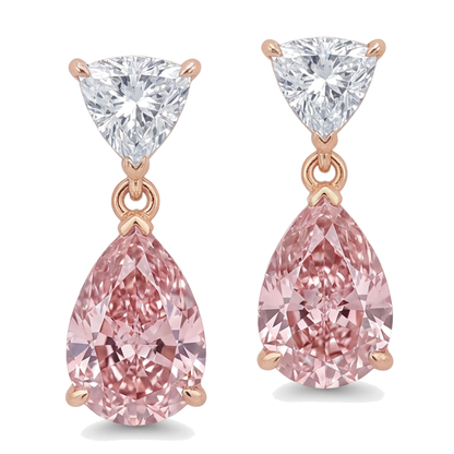 Pink Diamond Drop Earrings 4.5 Carat Lab Grown Pear Trilliant Tops 14K Rose White Gold Two Tone