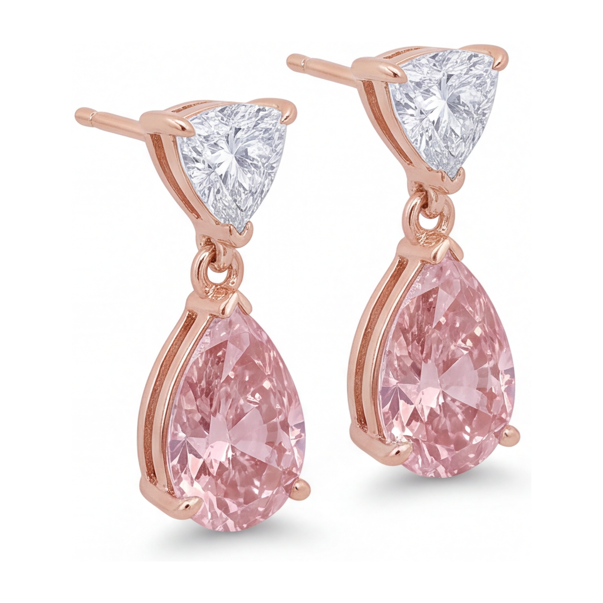 Pink Diamond Drop Earrings 4.5 Carat Lab Grown Pear Trilliant Tops 14K Rose White Gold Two Tone