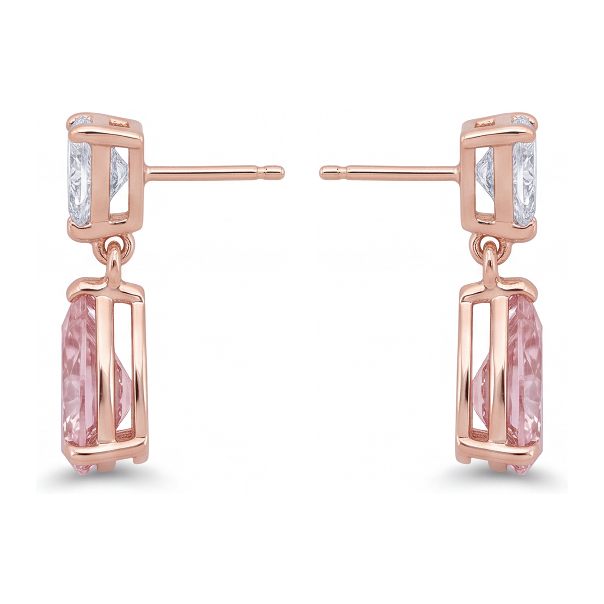 Pink Diamond Drop Earrings 4.5 Carat Lab Grown Pear Trilliant Tops 14K Rose White Gold Two Tone