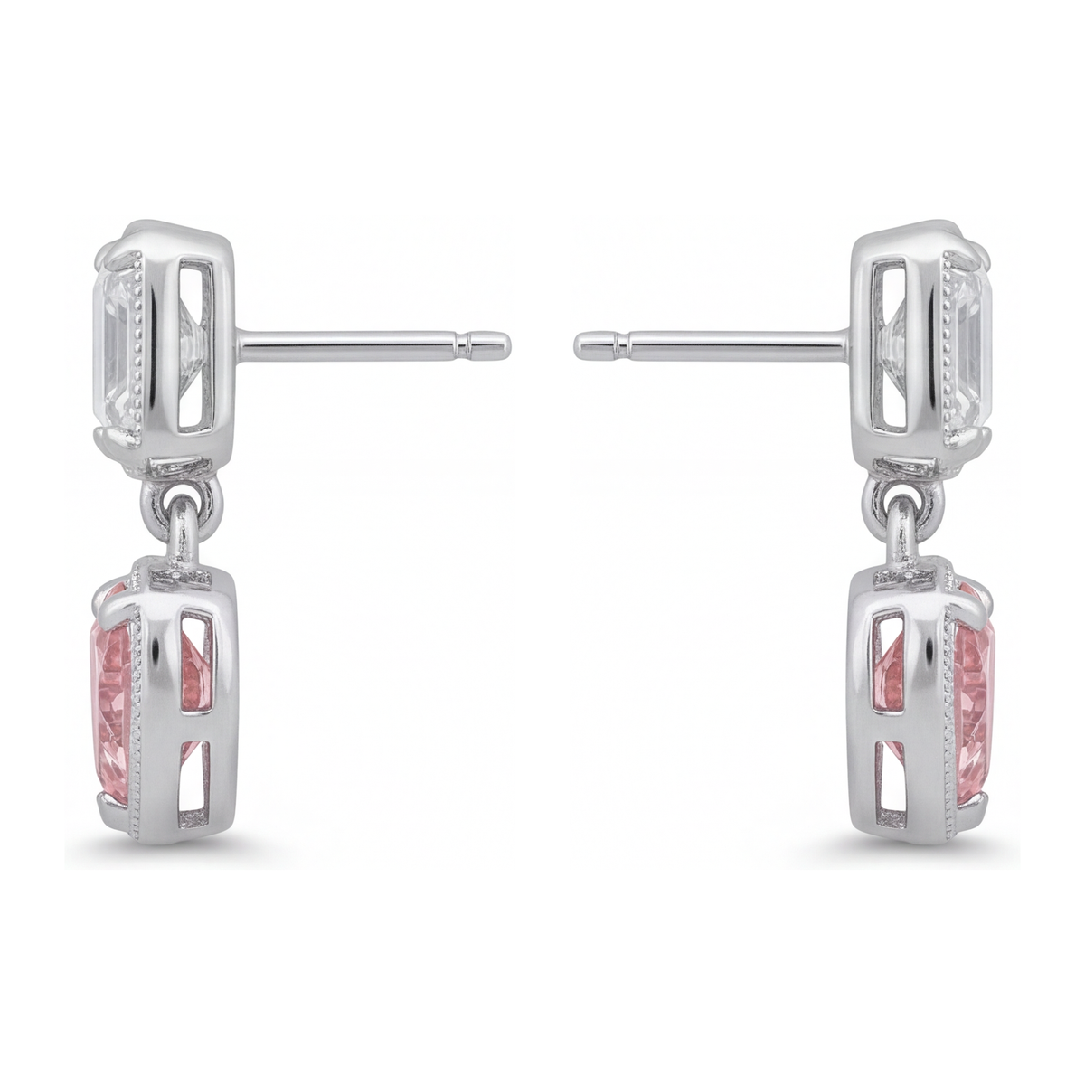 Pink Diamond Drop Earrings 4.5 Carat Lab Grown Heart Milgrain Asscher Tops 14K White Gold