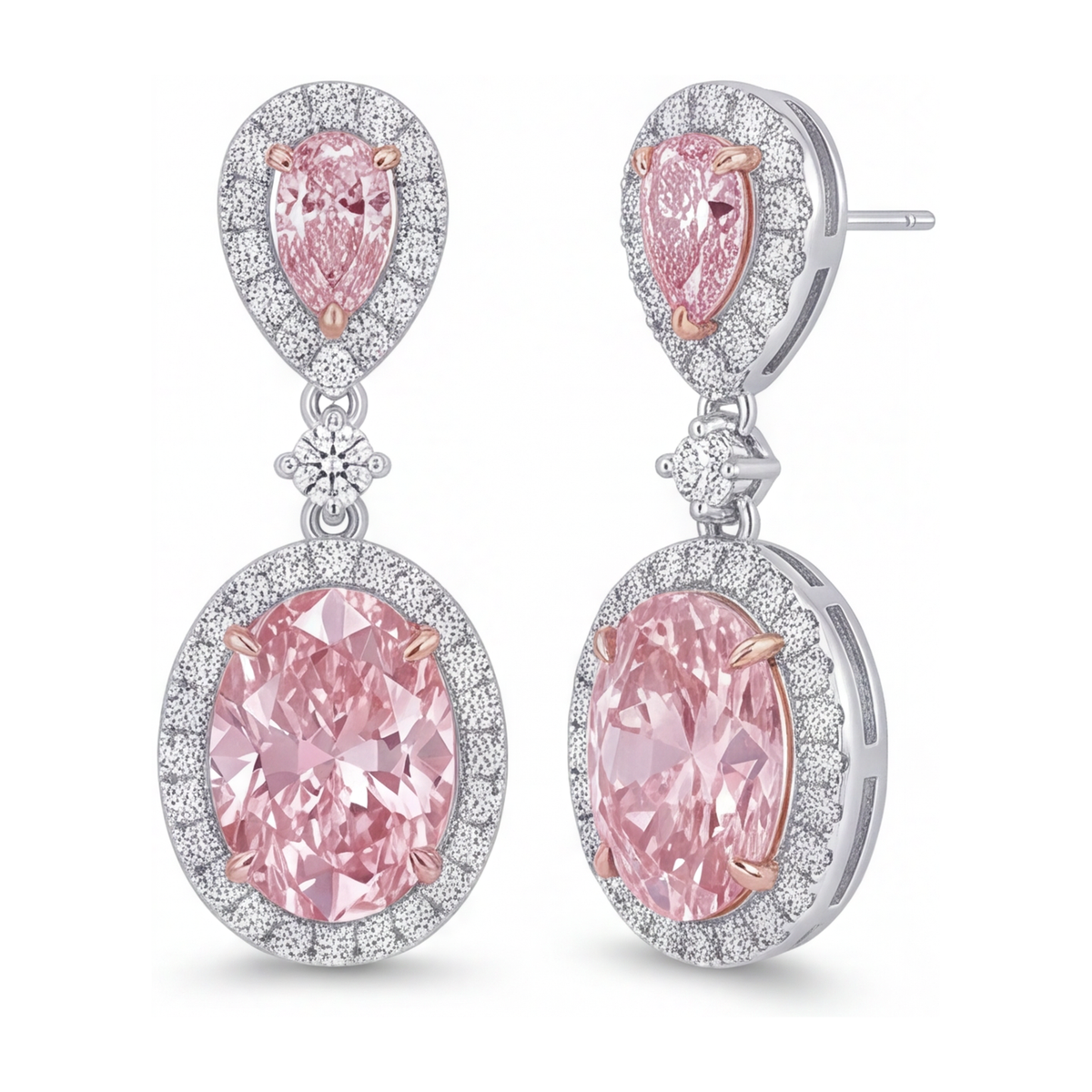 Pink Diamond Drop Earrings 4.5 Carat Lab Grown Oval Halo Pear Tops 14K White Gold
