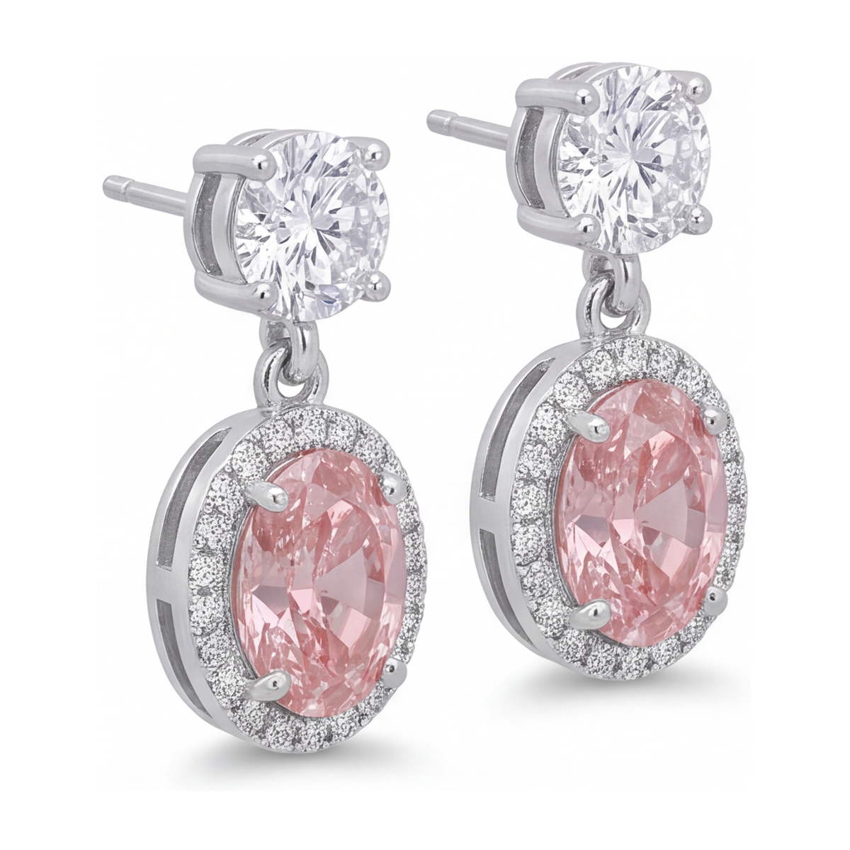 Pink Diamond Drop Earrings 4 Carat Lab Grown Oval Halo 14K White Gold
