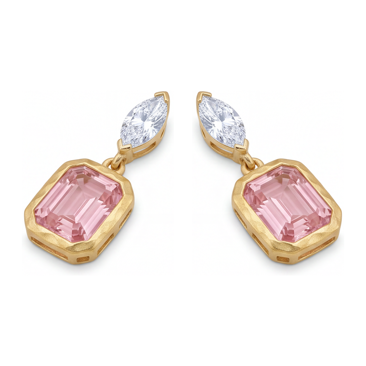 Pink Diamond Drop Earrings 4 Carat Lab Grown Emerald Cut Bezel Marquise Tops 14K Yellow Gold