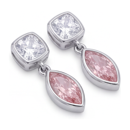 Pink Diamond Drop Earrings 4 Carat Lab Grown Marquise Bezel Cushion Tops 14K White Gold