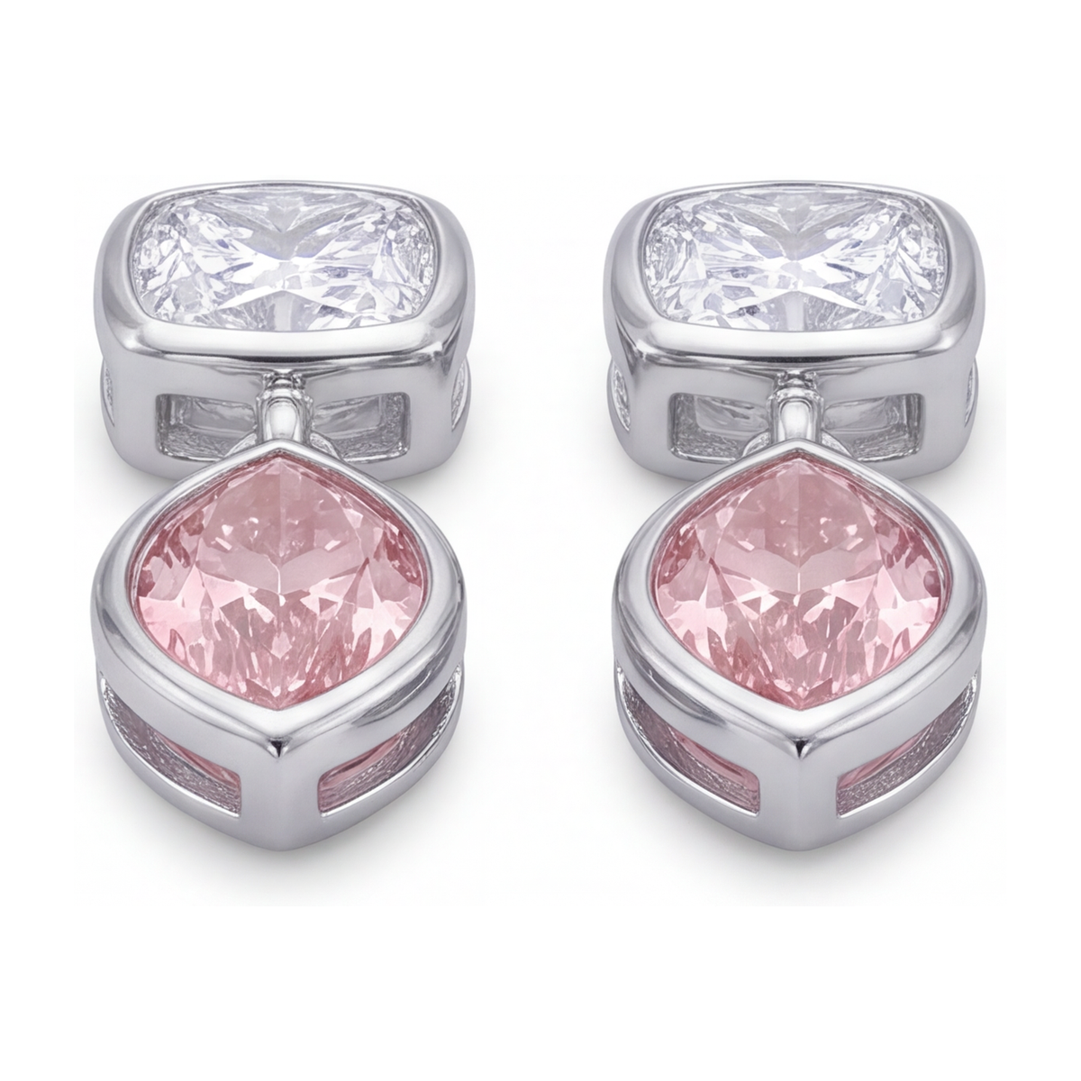 Pink Diamond Drop Earrings 4 Carat Lab Grown Marquise Bezel Cushion Tops 14K White Gold