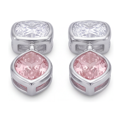 Pink Diamond Drop Earrings 4 Carat Lab Grown Marquise Bezel Cushion Tops 14K White Gold