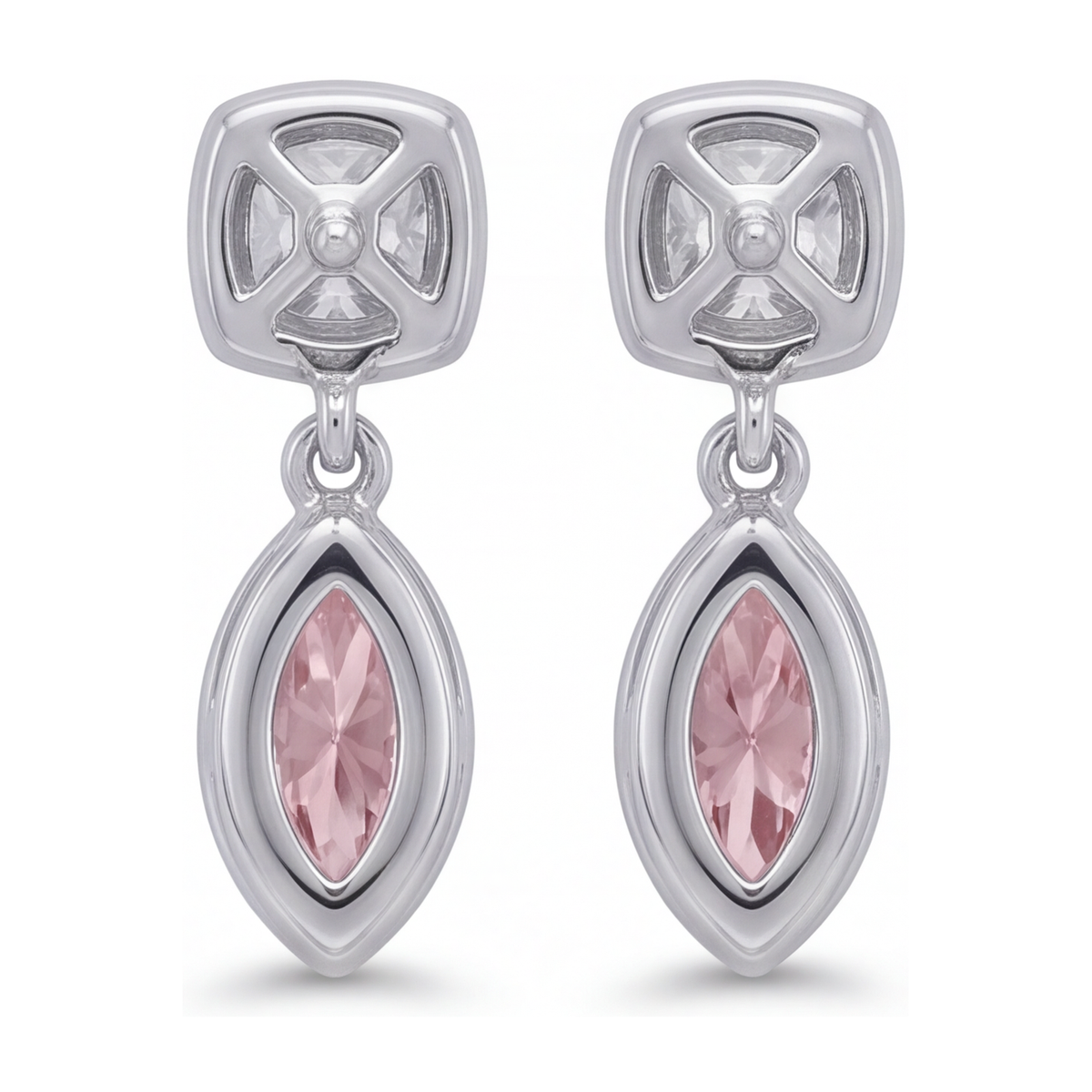 Pink Diamond Drop Earrings 4 Carat Lab Grown Marquise Bezel Cushion Tops 14K White Gold