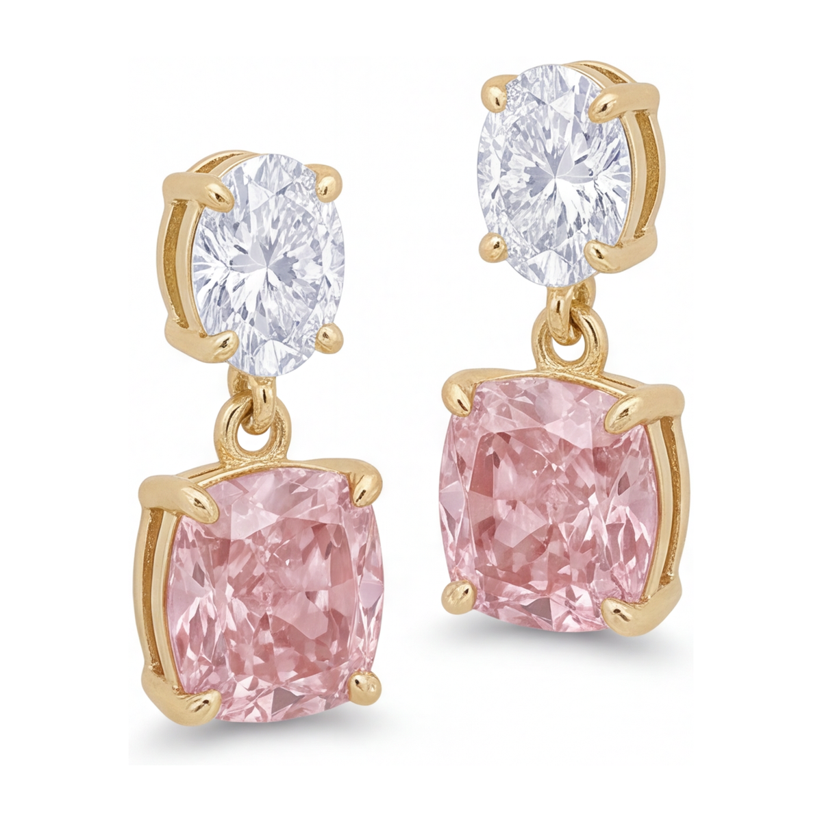 Pink Diamond Drop Earrings 4 Carat Lab Grown Cushion Oval Tops 14K Yellow Gold