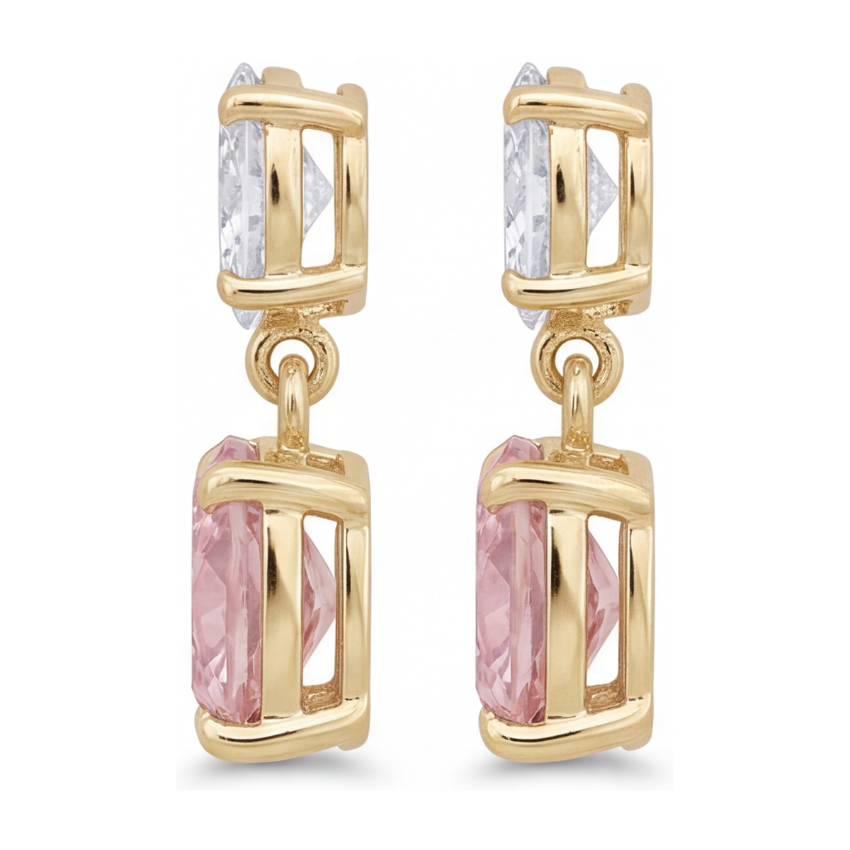 Pink Diamond Drop Earrings 4 Carat Lab Grown Cushion Oval Tops 14K Yellow Gold