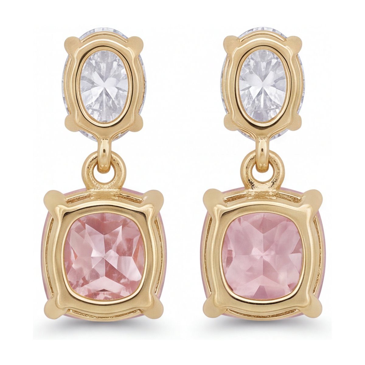 Pink Diamond Drop Earrings 4 Carat Lab Grown Cushion Oval Tops 14K Yellow Gold