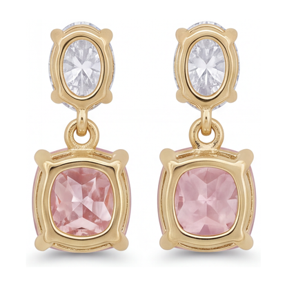 Pink Diamond Drop Earrings 4 Carat Lab Grown Cushion Oval Tops 14K Yellow Gold