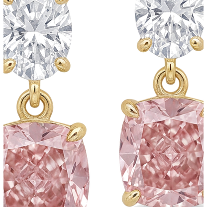 Pink Diamond Drop Earrings 4 Carat Lab Grown Cushion Oval Tops 14K Yellow Gold
