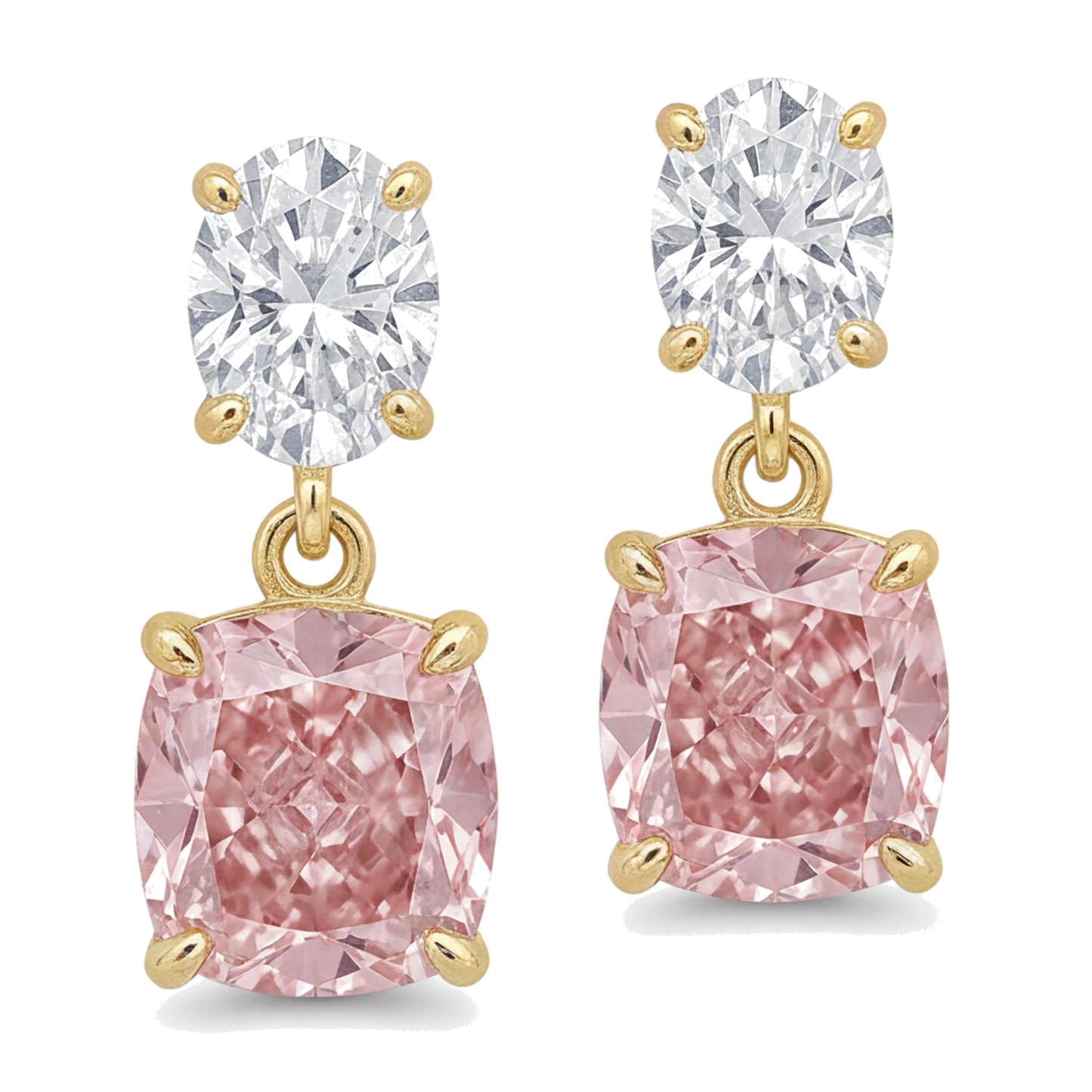 Pink Diamond Drop Earrings 4 Carat Lab Grown Cushion Oval Tops 14K Yellow Gold