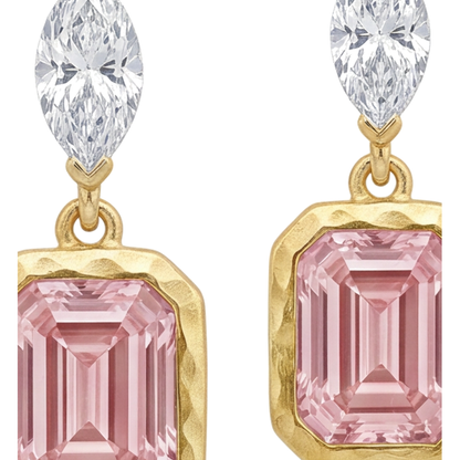 Pink Diamond Drop Earrings 4 Carat Lab Grown Emerald Cut Bezel Marquise Tops 14K Yellow Gold