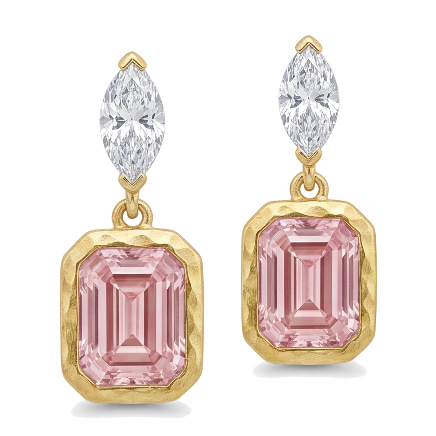 Pink Diamond Drop Earrings 4 Carat Lab Grown Emerald Cut Bezel Marquise Tops 14K Yellow Gold