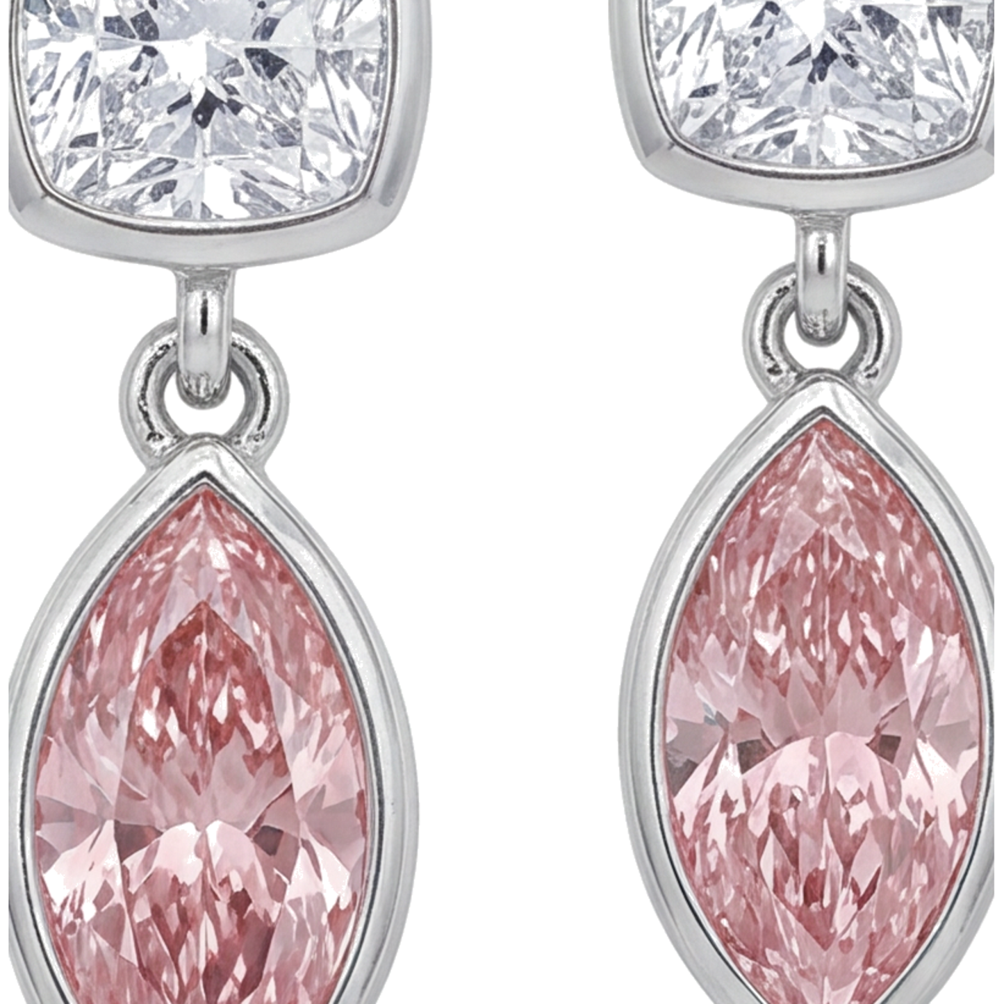 Pink Diamond Drop Earrings 4 Carat Lab Grown Marquise Bezel Cushion Tops 14K White Gold