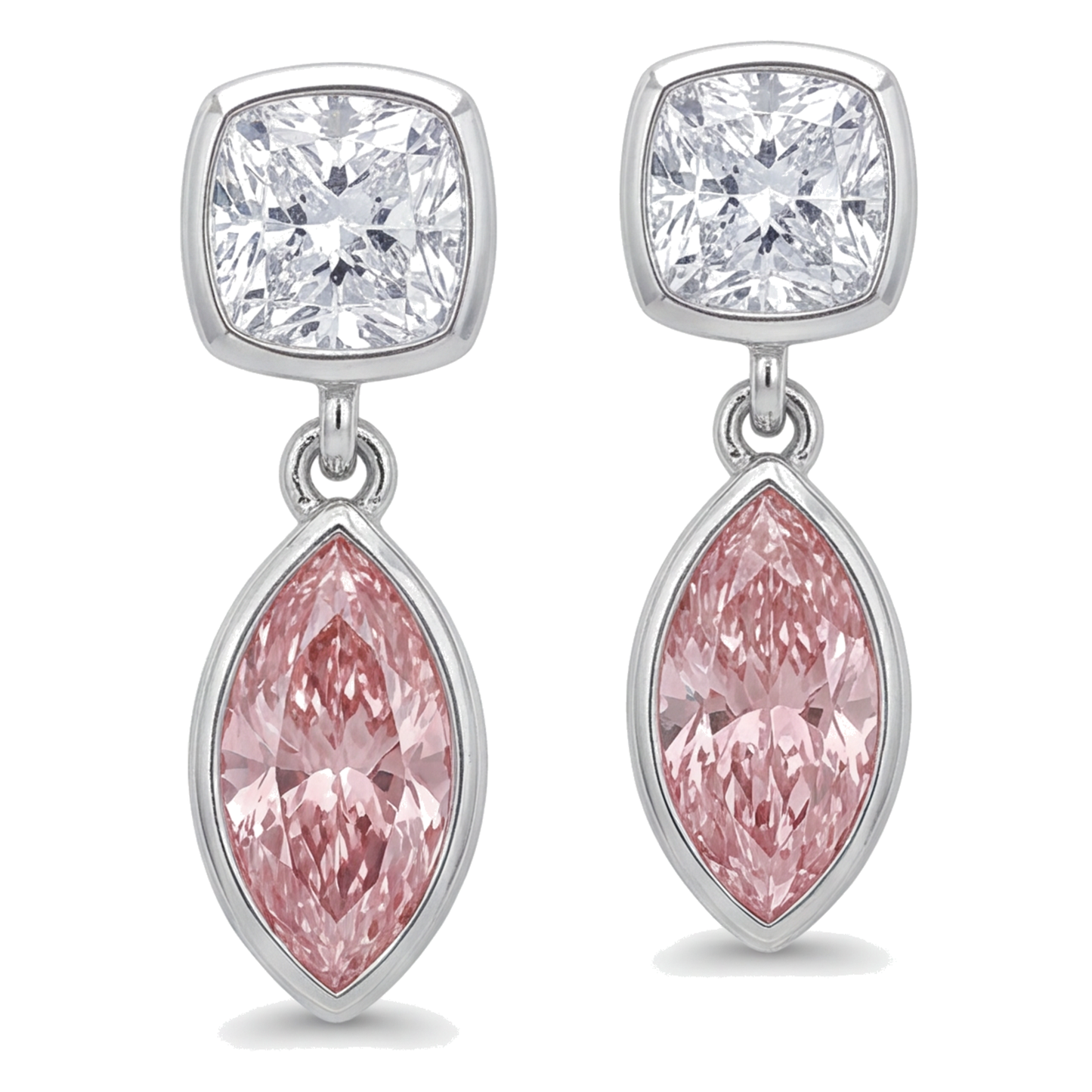 Pink Diamond Drop Earrings 4 Carat Lab Grown Marquise Bezel Cushion Tops 14K White Gold