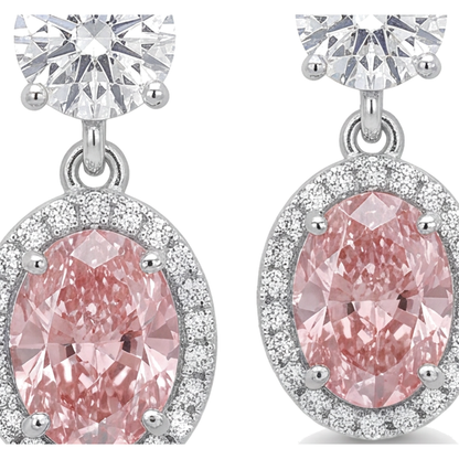 Pink Diamond Drop Earrings 4 Carat Lab Grown Oval Halo 14K White Gold