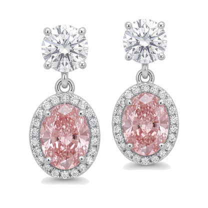 Pink Diamond Drop Earrings 4 Carat Lab Grown Oval Halo 14K White Gold