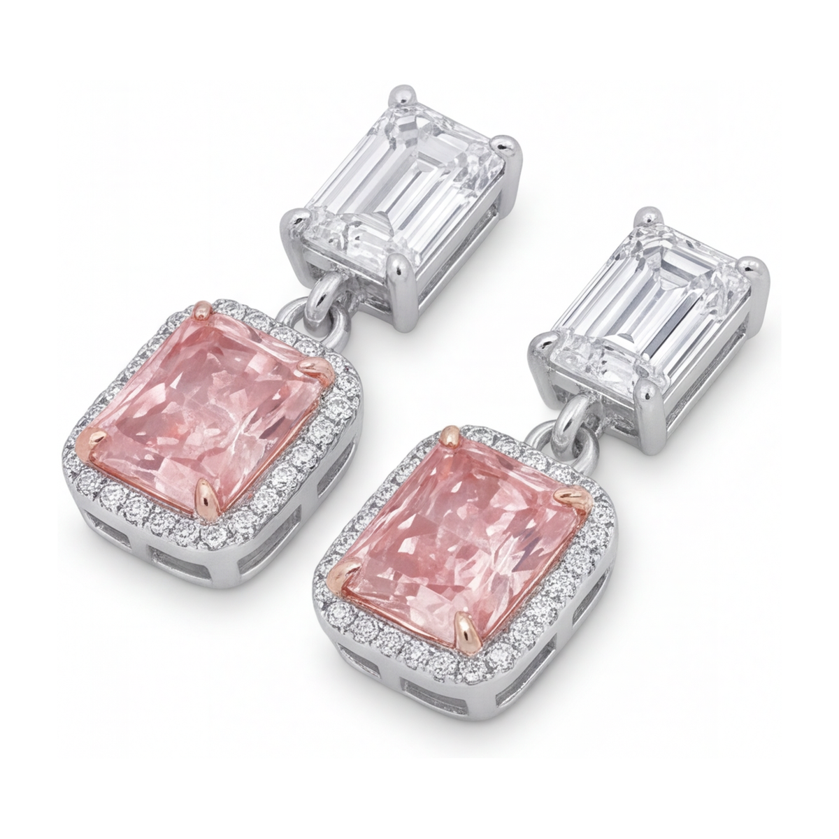 Pink Diamond Drop Earrings 5 Carat Lab Grown Radiant Halo Emerald Cut Tops 14K White Gold