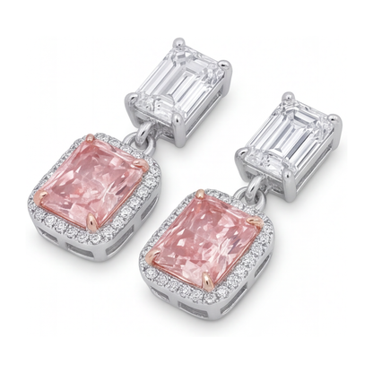 Pink Diamond Drop Earrings 5 Carat Lab Grown Radiant Halo Emerald Cut Tops 14K White Gold