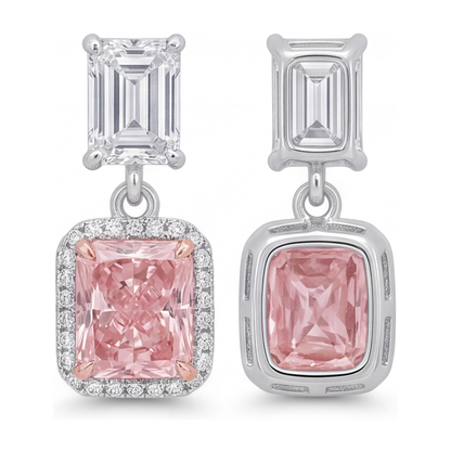 Pink Diamond Drop Earrings 5 Carat Lab Grown Radiant Halo Emerald Cut Tops 14K White Gold